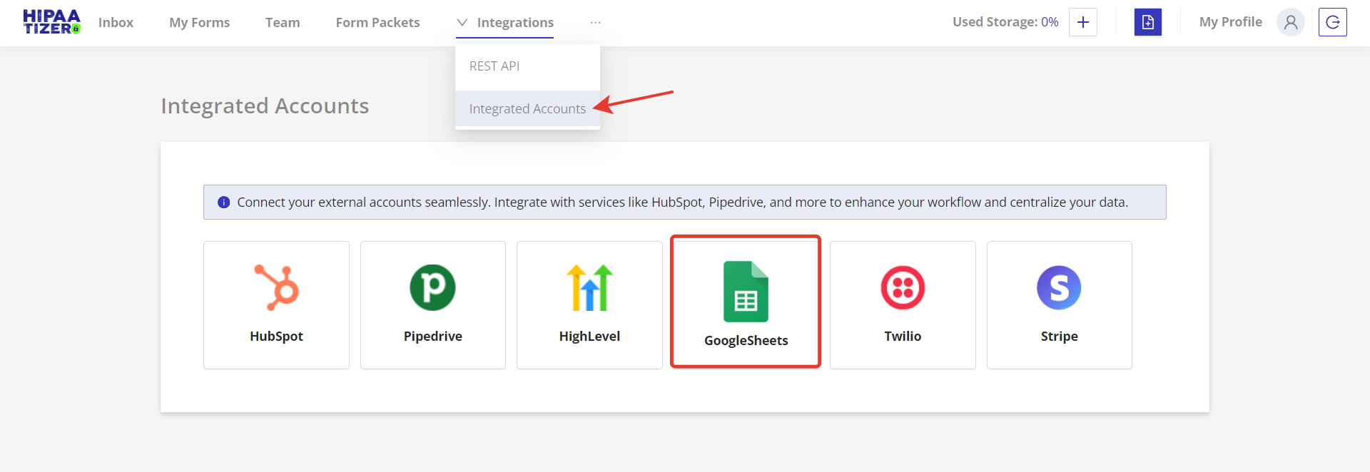 Integrations Menu