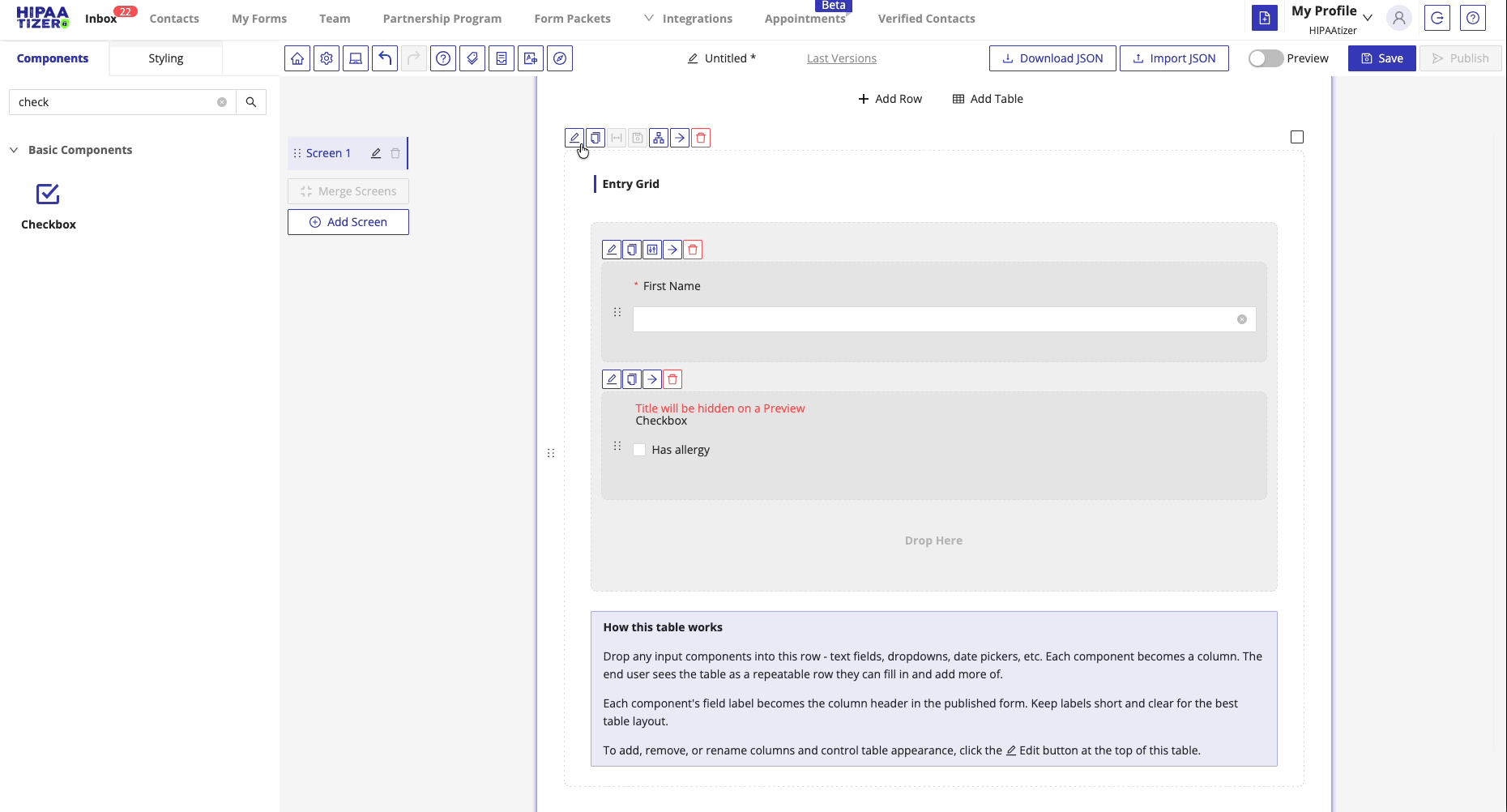 Entry Grid settings drawer showing column widths at the top followed by layout and behaviour options