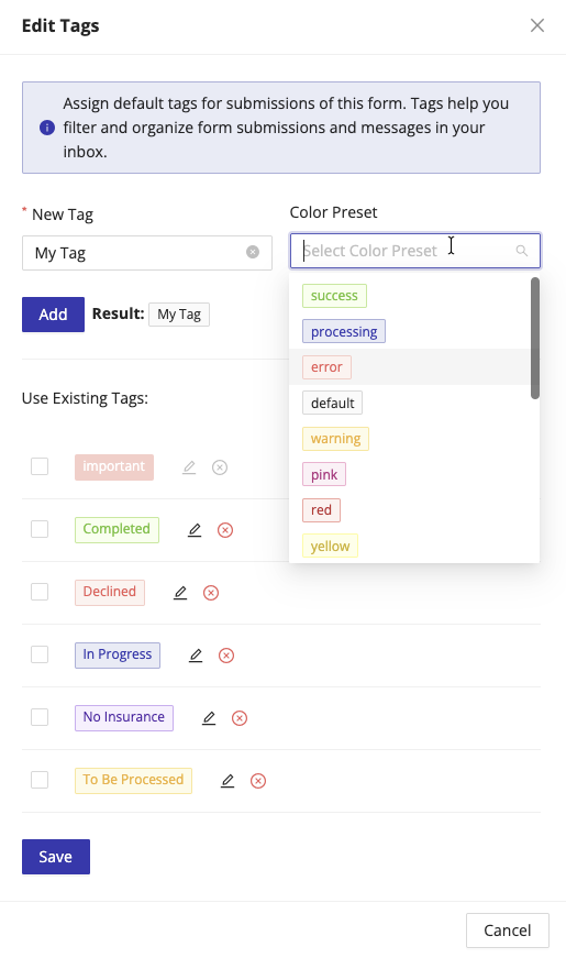 New Tag field with the Color Preset dropdown open showing color options