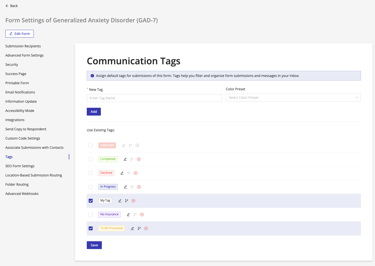 Form Settings Tags tab showing the Communication Tags panel