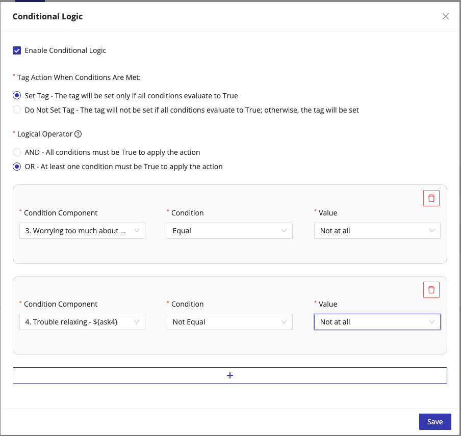 Conditional Logic dialog for a tag showing Set Tag action, AND/OR operator, and condition rows