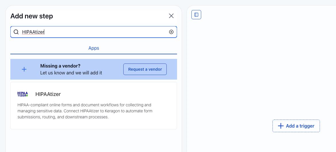 Search results showing the HIPAAtizer app in Keragon