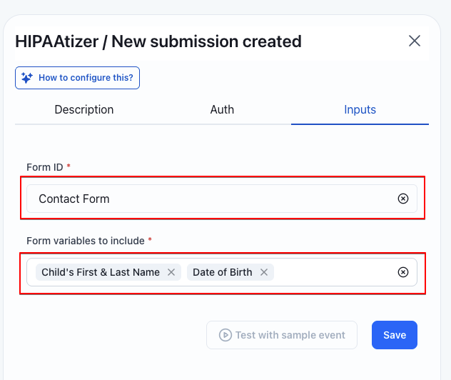 Inputs tab showing Form ID dropdown and selected form variables