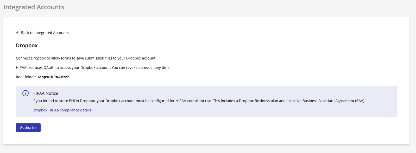 Dropbox Integrated Accounts connection screen showing the Authorize button