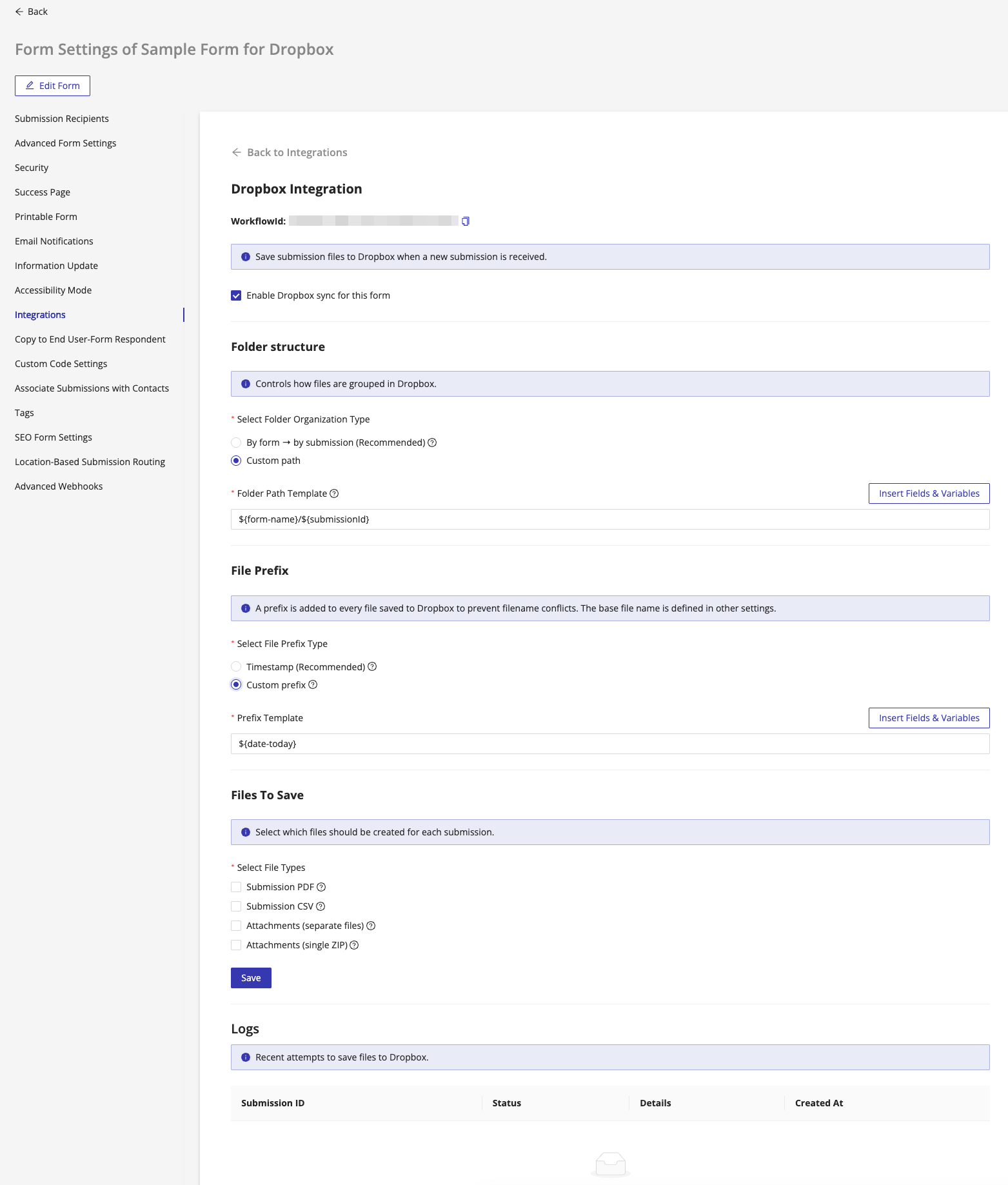 Dropbox Integration settings panel inside Form Settings showing the enable checkbox and configuration options