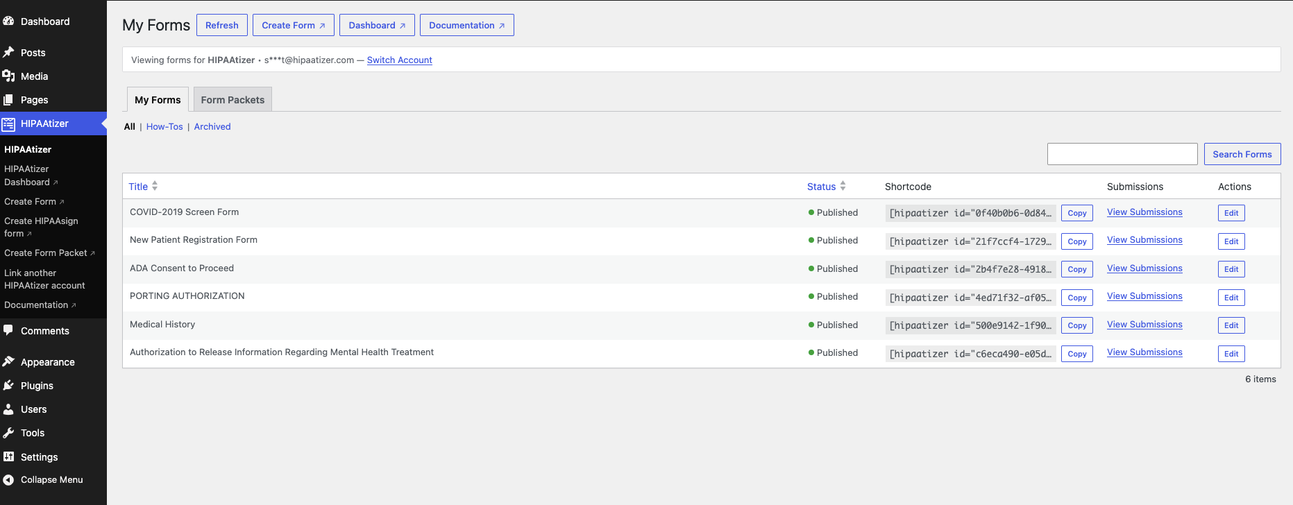HIPAAtizer plugin dashboard showing linked account and published forms list