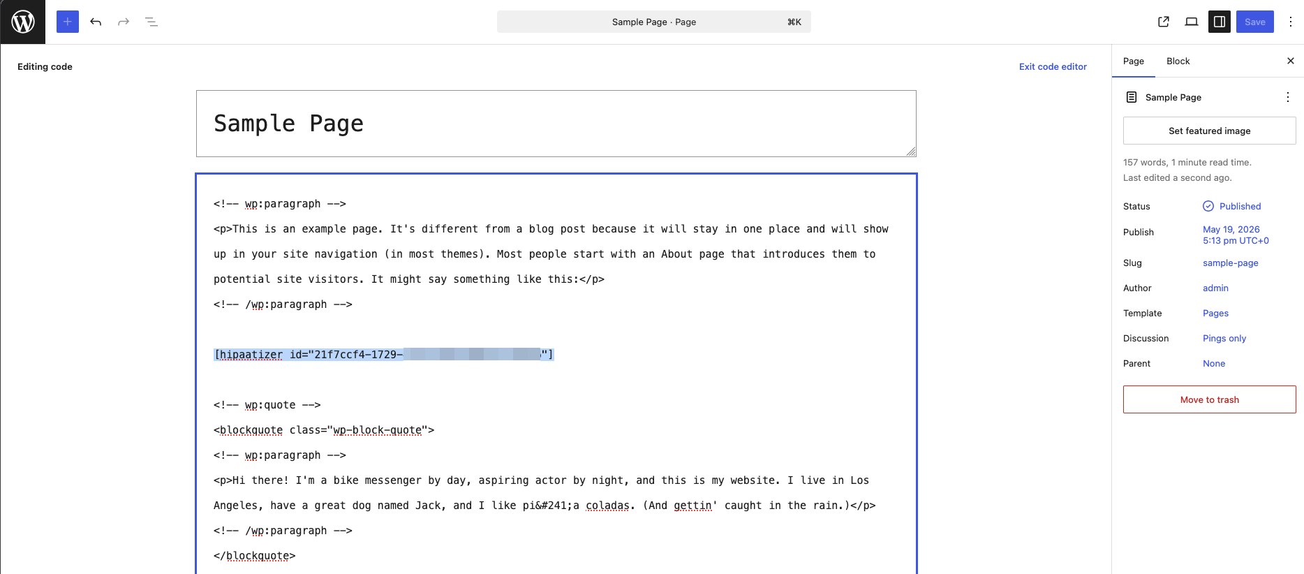 WordPress page editor with the HIPAAtizer shortcode pasted into a Classic Editor text block