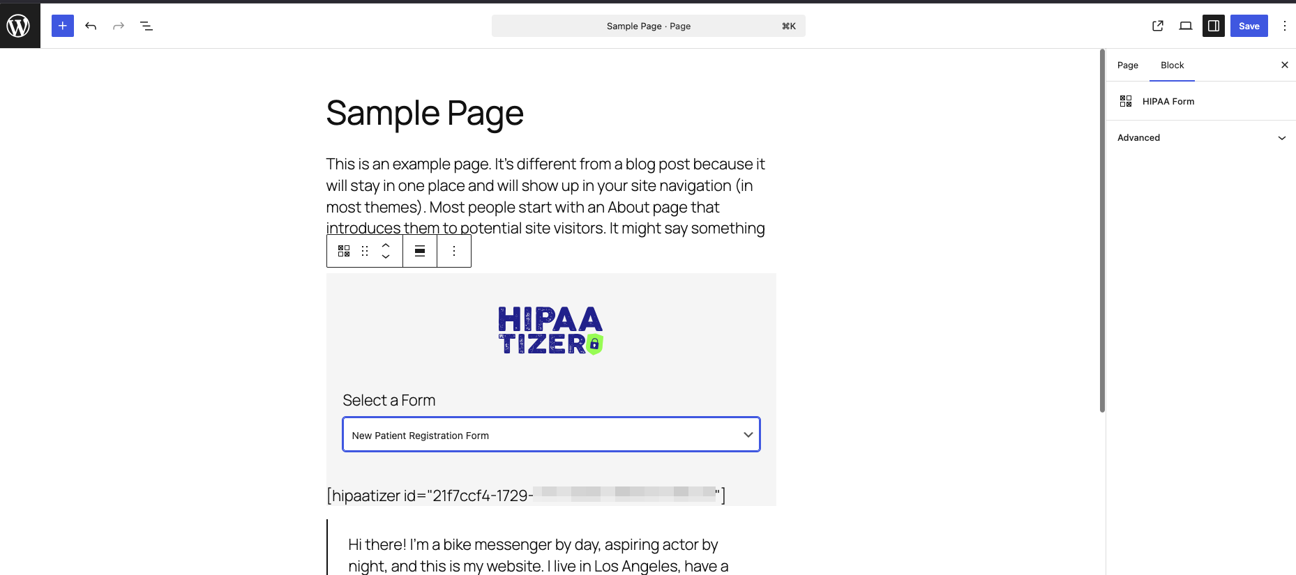 Gutenberg block editor showing the HIPAAtizer Form block with a dropdown selector populated with published form names