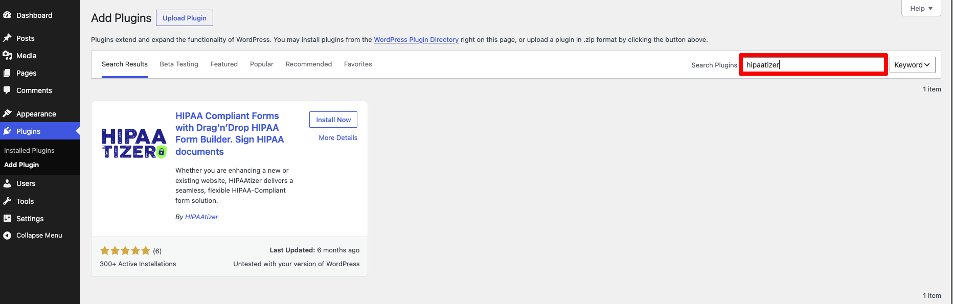 WordPress plugin search results showing the HIPAAtizer plugin with Install Now button
