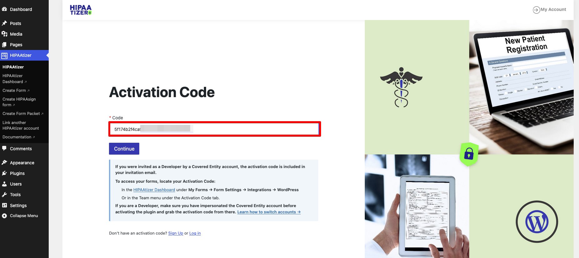 Activation code entry form with a text input field and Continue button