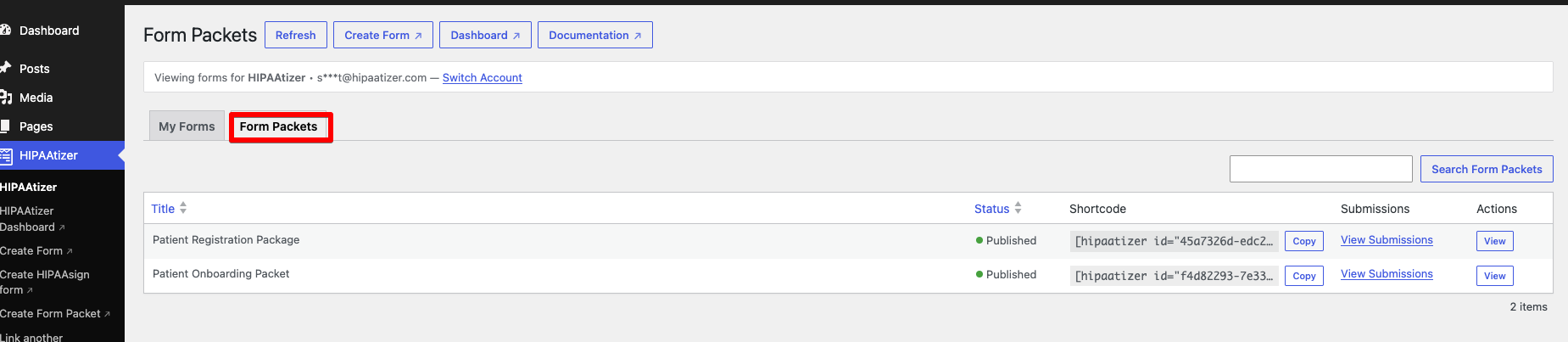 HIPAAtizer WordPress plugin dashboard with the Form Packets tab selected, showing each packet's shortcode