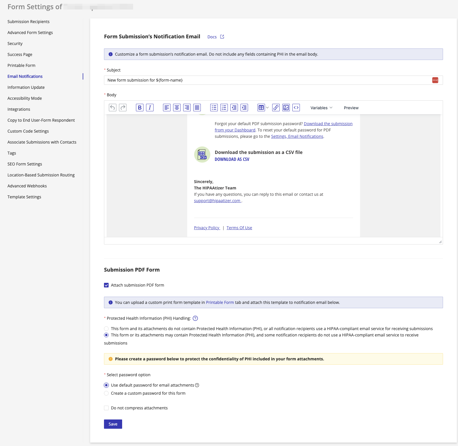 Email Notifications tab with the "Attach submission PDF form" option