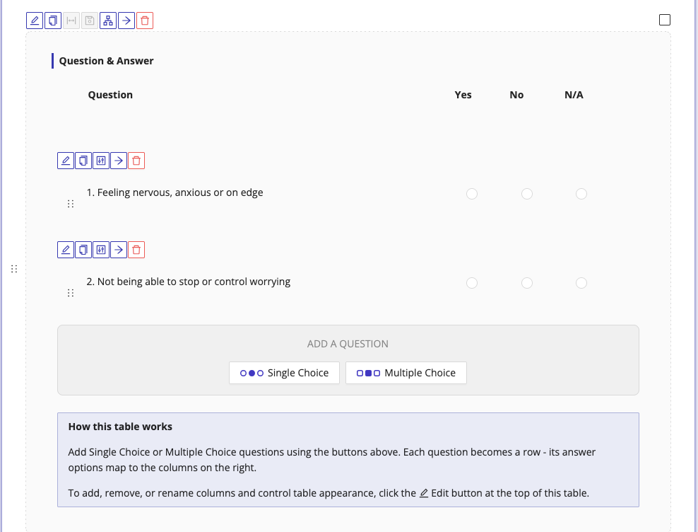 Question &amp; Answer table in the form builder with Question, Yes, No, and N/A columns
