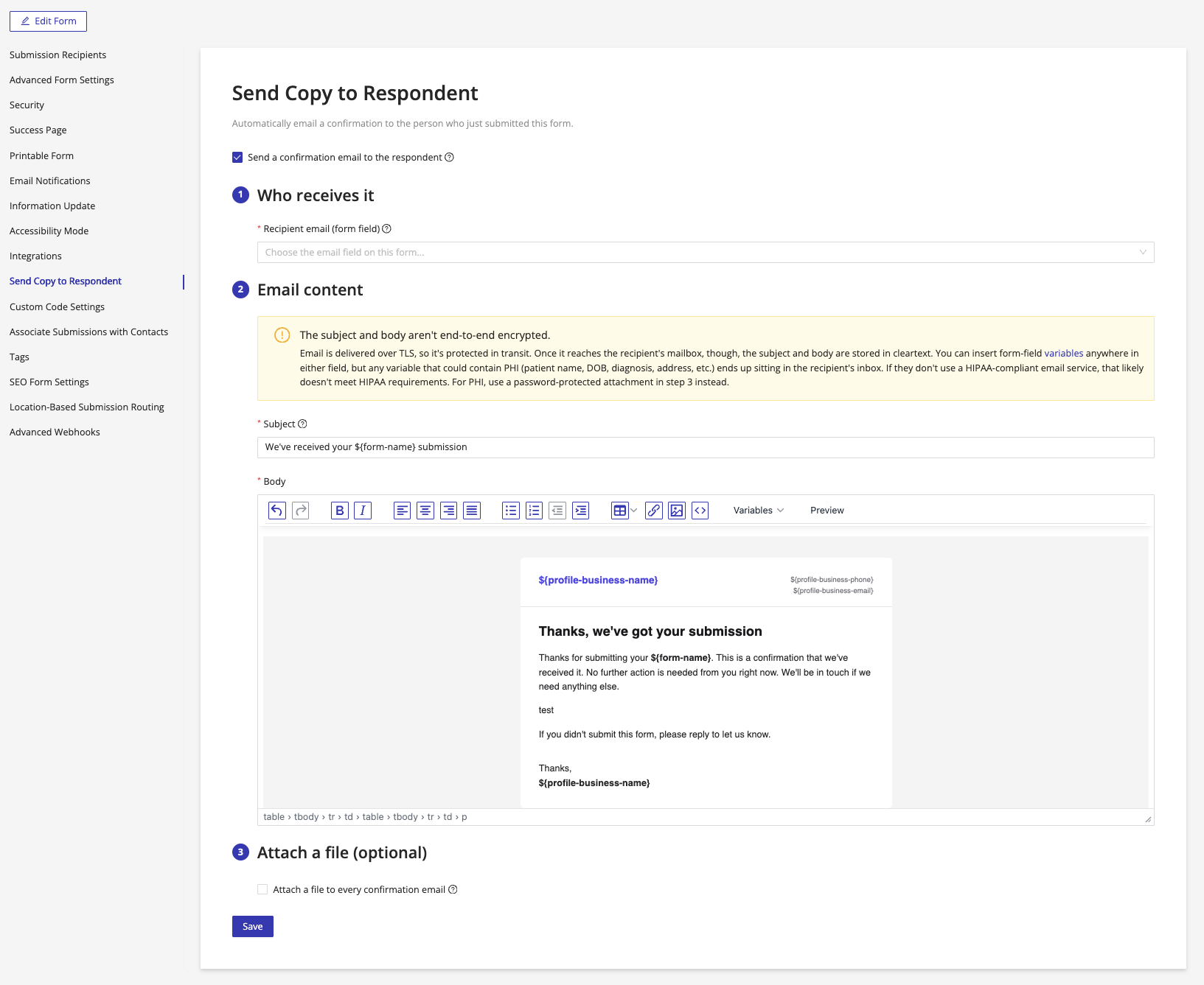 Send Copy to Respondent panel with the confirmation email toggle enabled