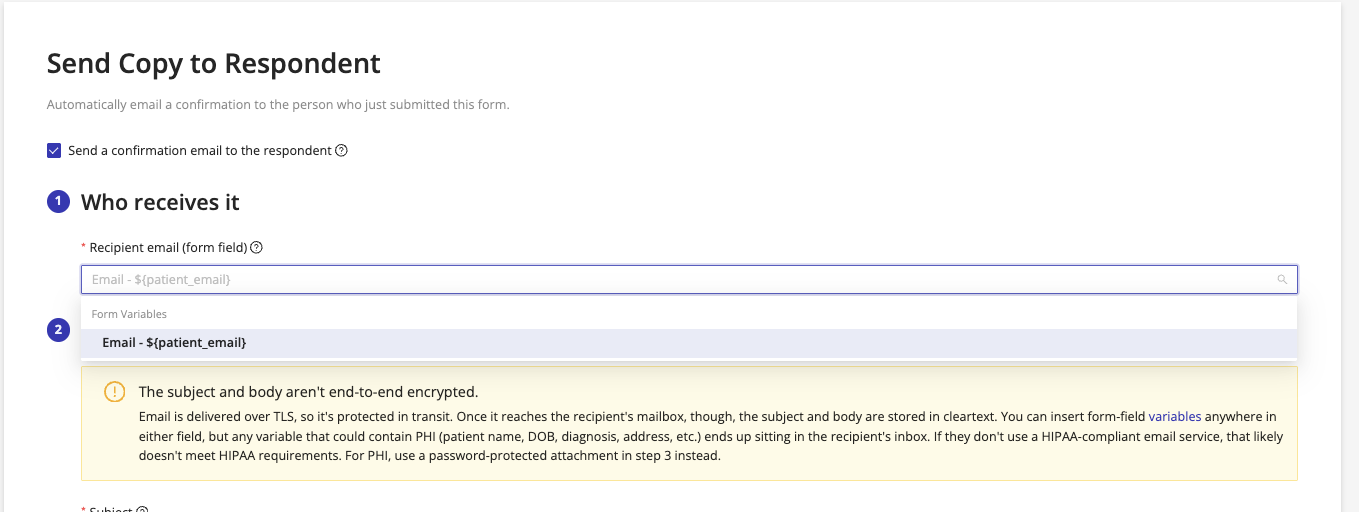 Recipient email dropdown showing email fields available on the form