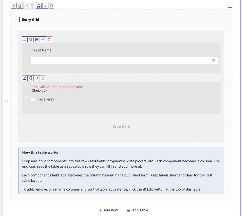 Entry Grid in the form builder with two components added, Full Name and Has allergy