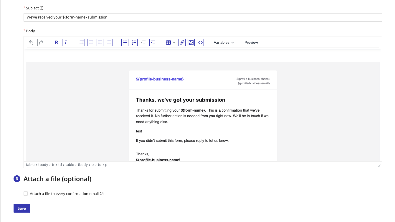 Email content section showing the subject field and rich text body editor