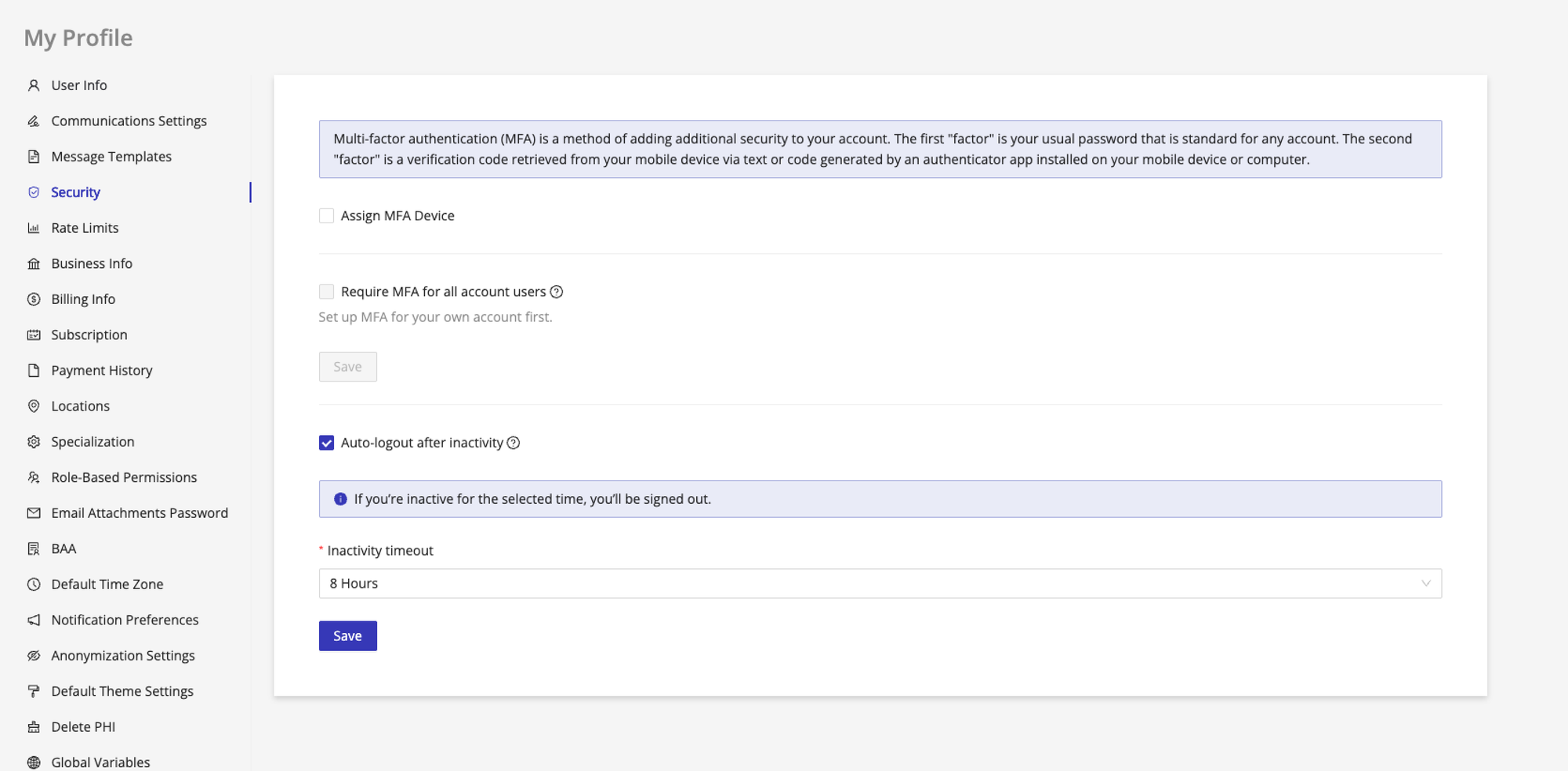 Security settings in My Profile showing Assign MFA Device, Require MFA for all account users, and Auto-logout after inactivity