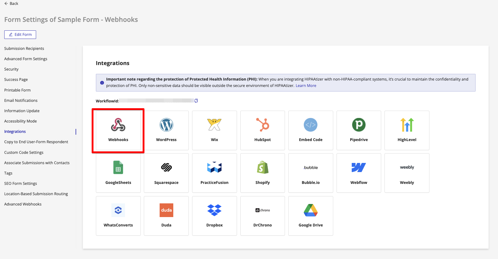 Form Settings → Integrations panel with the Webhooks tile highlighted