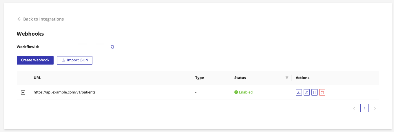 Webhooks list page showing Create Webhook and Import JSON buttons and an empty table