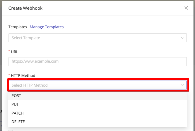 HTTP Method dropdown showing POST, PUT, PATCH, and DELETE options