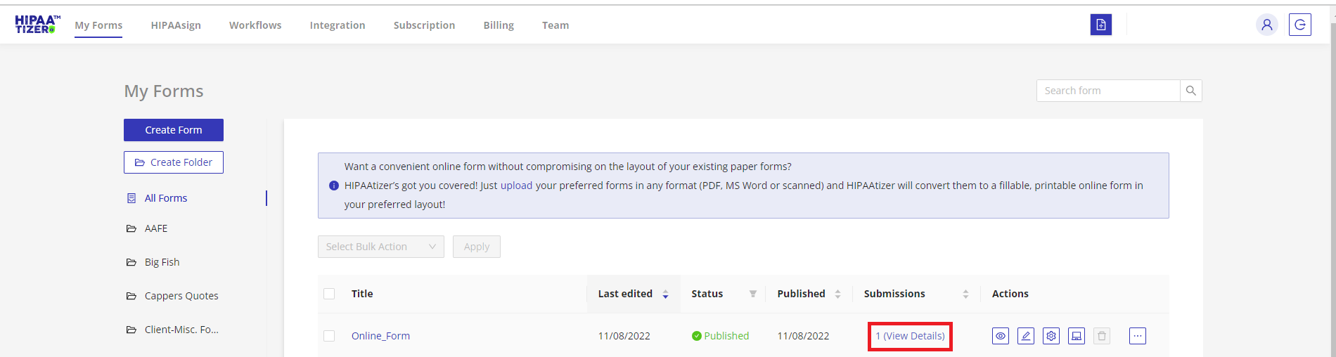 Viewing submissions in HIPAA-compliant web forms