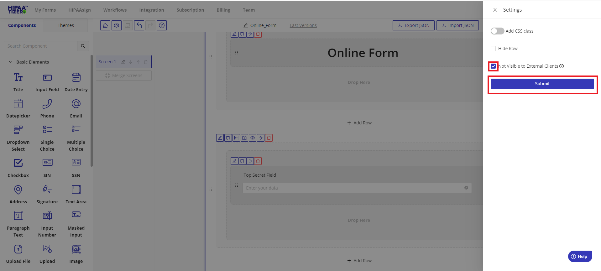 Hiding rows from external users in HIPAA-compliant web forms