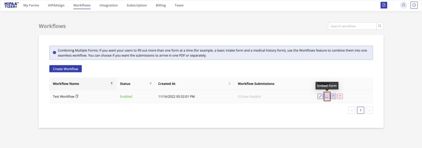 Embedding workflow in online HIPAA form builder
