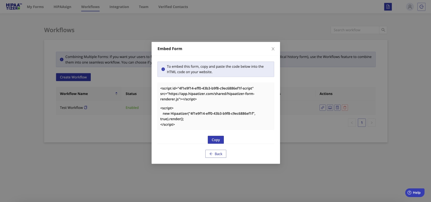 Copying code for embedded online HIPAA form workflow