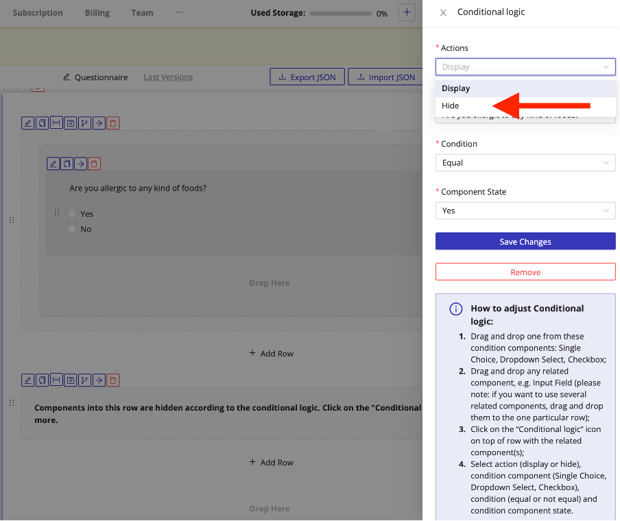 Editing actions in HIPAA form builder