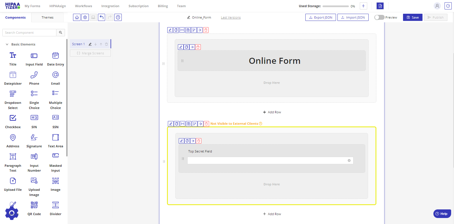 Internal field view in the form builder for HIPAA-compliant web forms