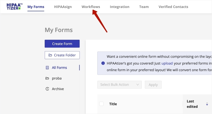 Workflows tab in online HIPAA form builder