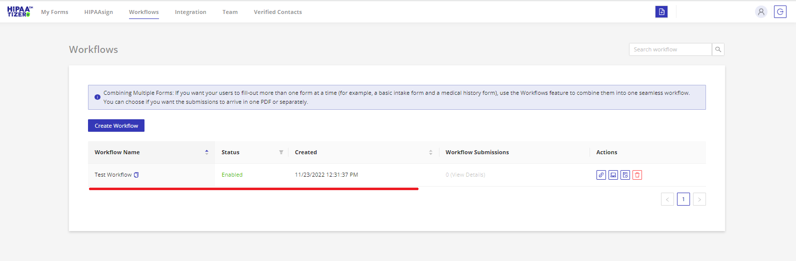 Workflows grid in online HIPAA form builder