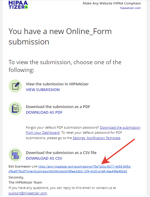 Link in the email for HIPAA-compliant web forms