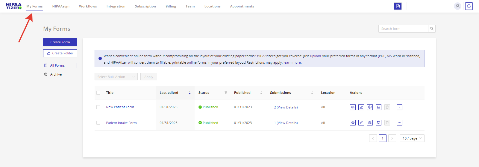 Image of "My Forms" page displaying a list of all the forms available with their titles and the option to edit or preview them.