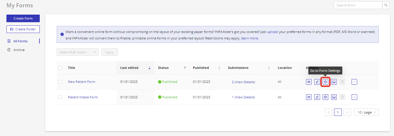 Image of the "Form Settings" button, allowing users to customize and manage the settings of the form.