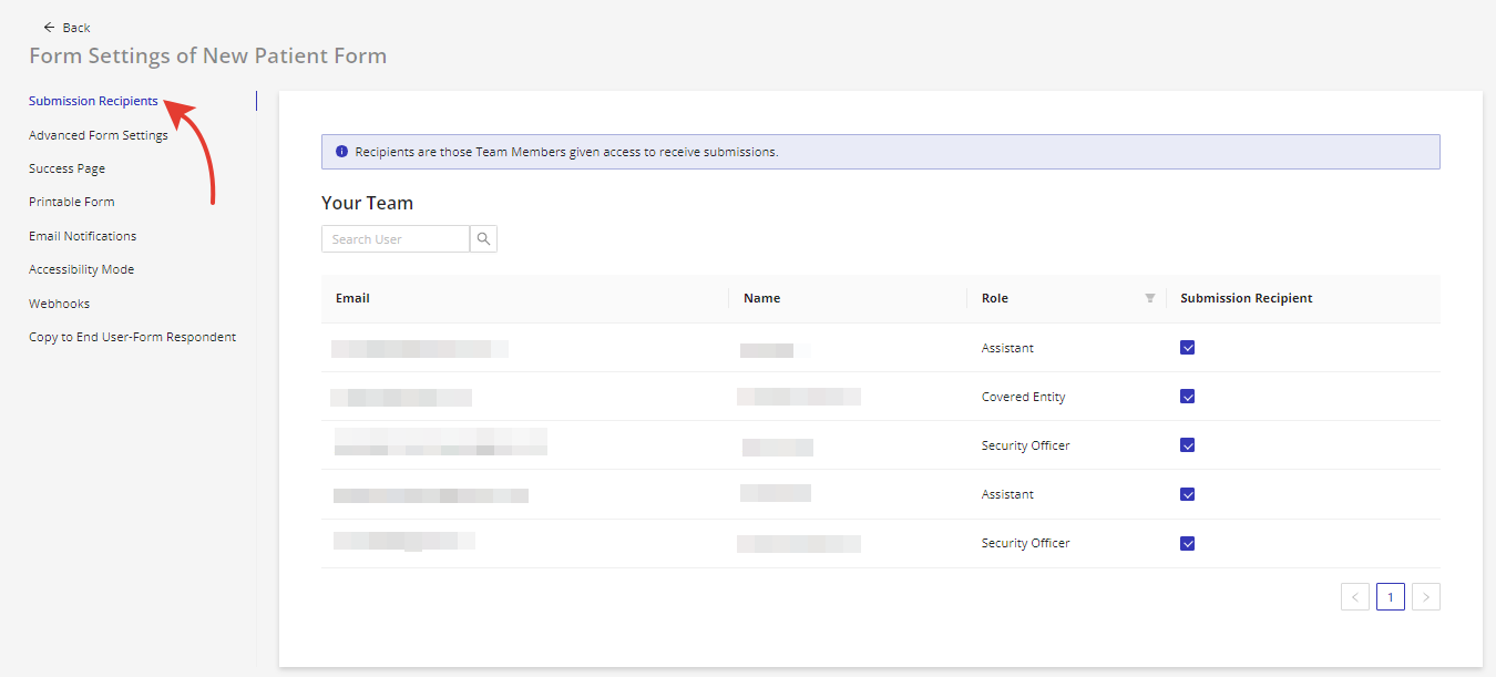 Image of the "Submissions Recipients" tab, where users can specify who receives the form submissions.