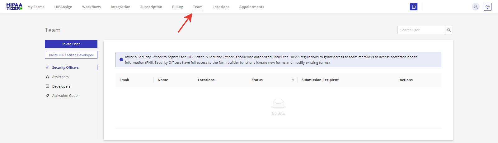 Image of the "Team" page, where users can invite and manage team members to collaborate on the forms.