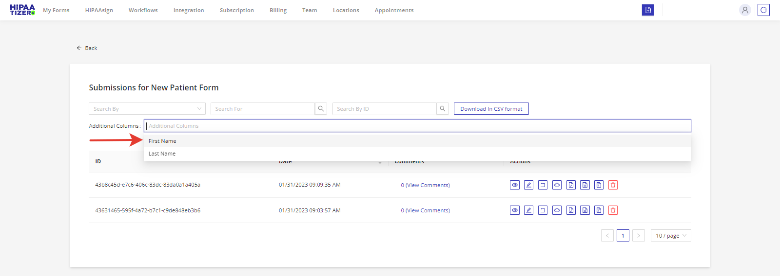 Image of the "Additional Column" dropdown available on the form submissions page, allowing users to select additional columns to display.