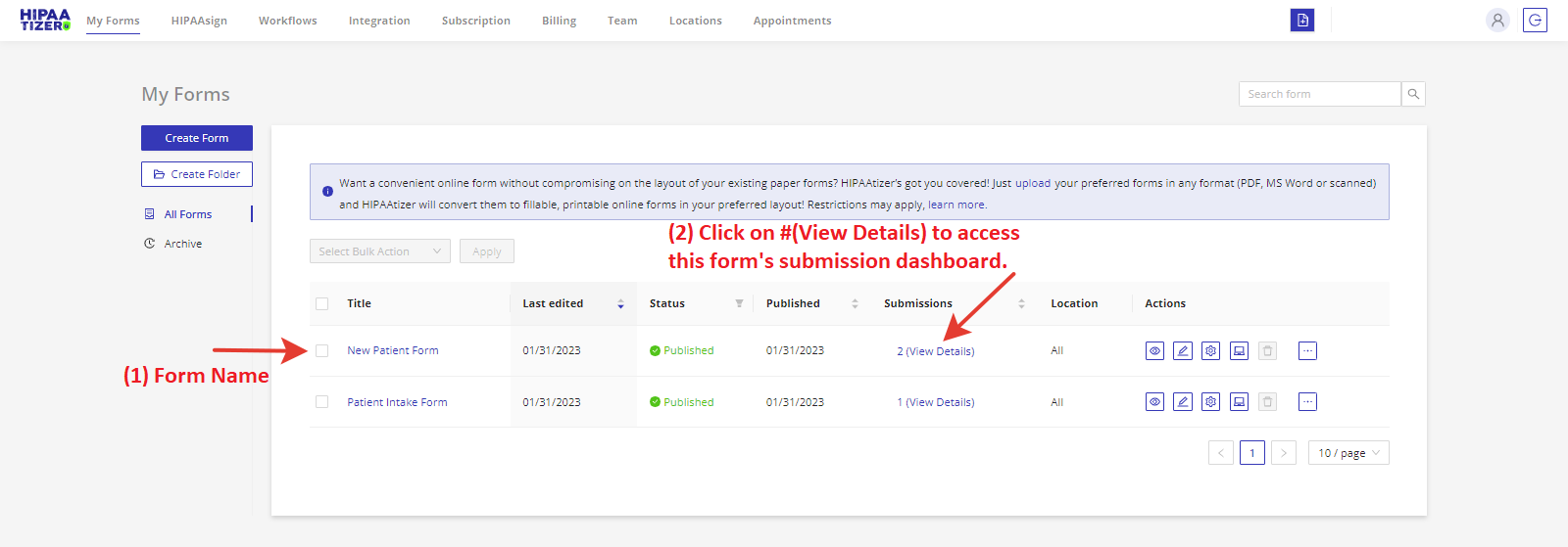 Link to the Submissions Dashboard for a Selected HIPAA Compliant Form