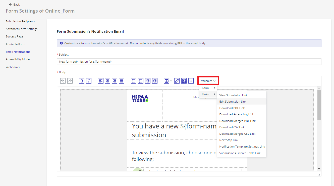 Adding variables in HIPAA-compliant web forms