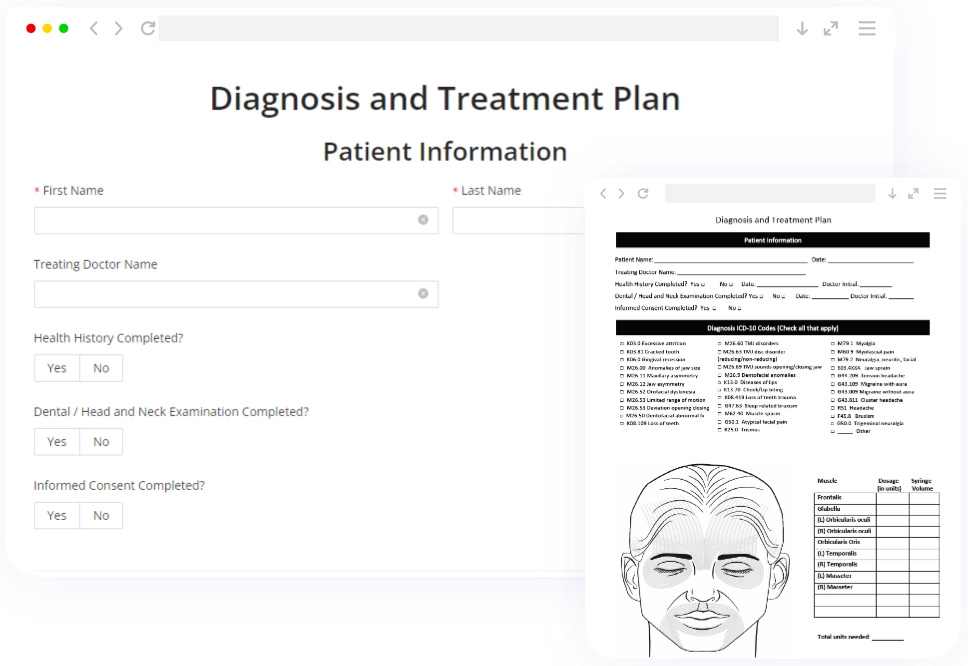 Diagnosis and treatment plan form with muscle reference diagram, representing a printable Botox treatment record template for facial esthetics.
