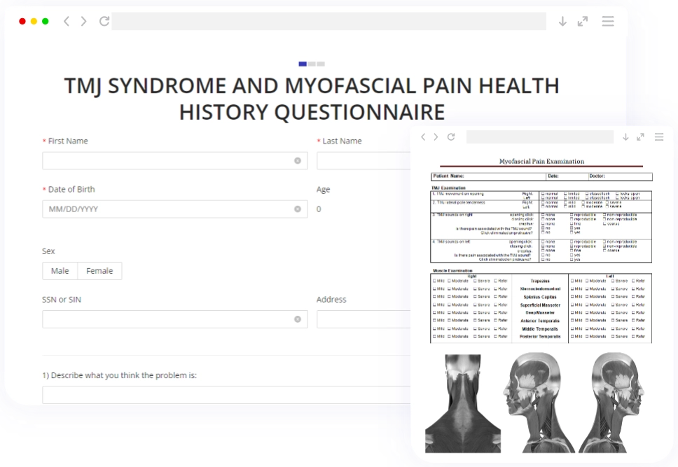 Myofascial pain health history form featuring anatomical illustrations, which can be adapted as a Botox face sheet for pre-treatment assessments.
