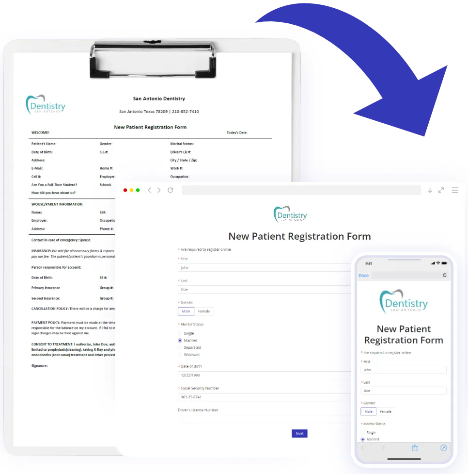 A comparison of a traditional paper form and a HIPAA-Compliant online intake form, displayed on both desktop and mobile screens
