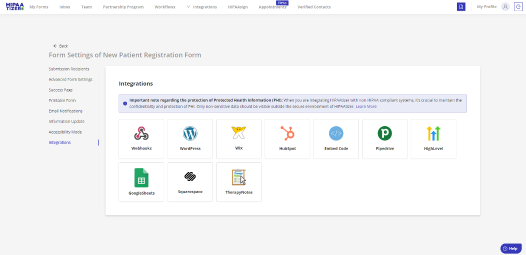 Integration settings in HIPAAtizer featuring platforms like Squarespace, WordPress, and HubSpot, supporting medspa HIPAA workflows through secure data transfers.
