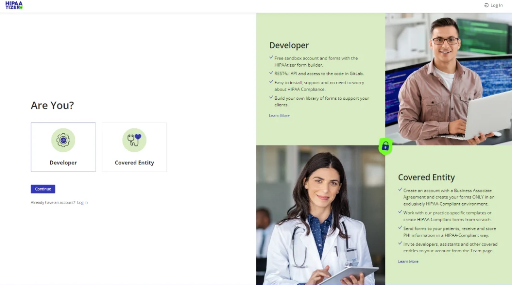 HIPAAtizer application screen. Free Sandbox account and Covered Entity account