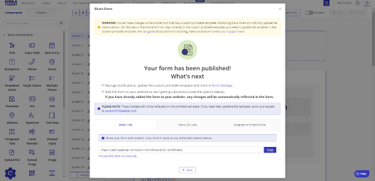 Publishing confirmation screen in HIPAAtizer with options for sharing a form securely, essential for meeting medspa HIPAA compliance requirements.