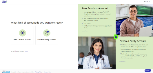 HIPAAtizer account creation screen showing Sandbox and Covered Entity options, key to fulfilling medspa HIPAA compliance needs.
