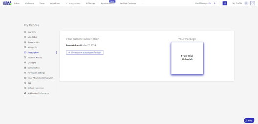 Subscription management view within HIPAAtizer’s dashboard, where medspa professionals can activate HIPAA-compliant features for patient form use.
