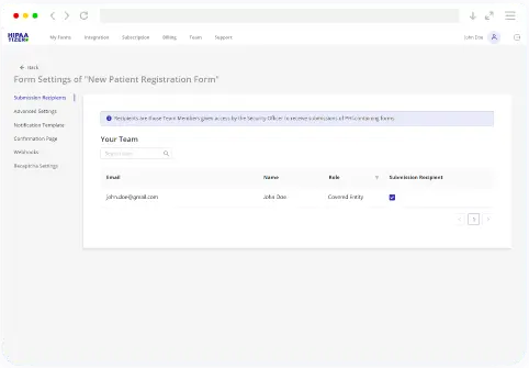HIPAAtizer team access settings for a “New Patient Registration Form” showcasing user roles and submission recipient configuration for a HIPAA-Compliant form.
